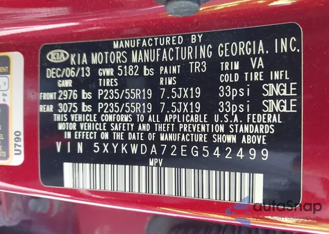 2014 Kia Sorento Sx V6 z USA, uszkodzony, nr VIN 5XYKWDA72EG542499